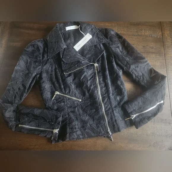 NWT Anne Fontaine Black Floral Zipper Moto Jacket Sz Small - Picture 3 of 10
